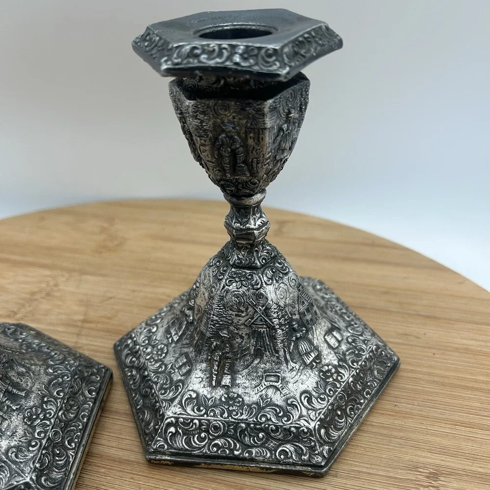 VINTAGE JB JENNINGS BROTHERS CANDLE HOLDER Set ART NOUVEAU PASTORAL SCENE MARKED